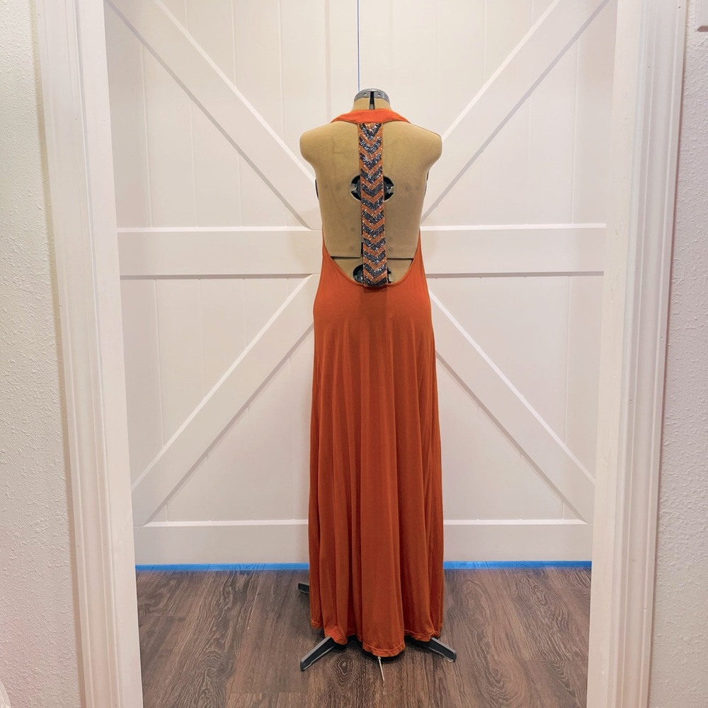 open back sparkle beads on center strap, pumpkin orange maxi dress knit stretchy